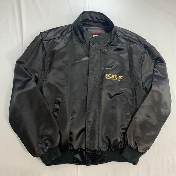 Vintage 1990s Excalibur Las Vegas Black Satin Adult Size XL Casino Bomber Jacket - Picture 1 of 10